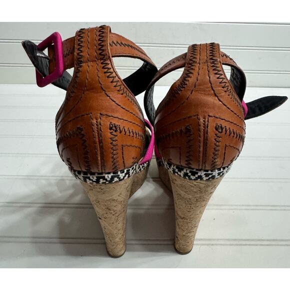 Rupert Sanderson Brown Pink Strappy Cork Wedges Size 38.5 8 - Picture 5 of 7
